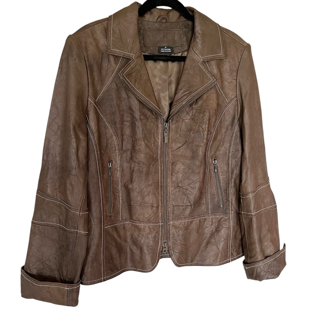 Tribal 100% Leather Chocolate Brown Distressed Moto Bomber Jacket Size 14 L